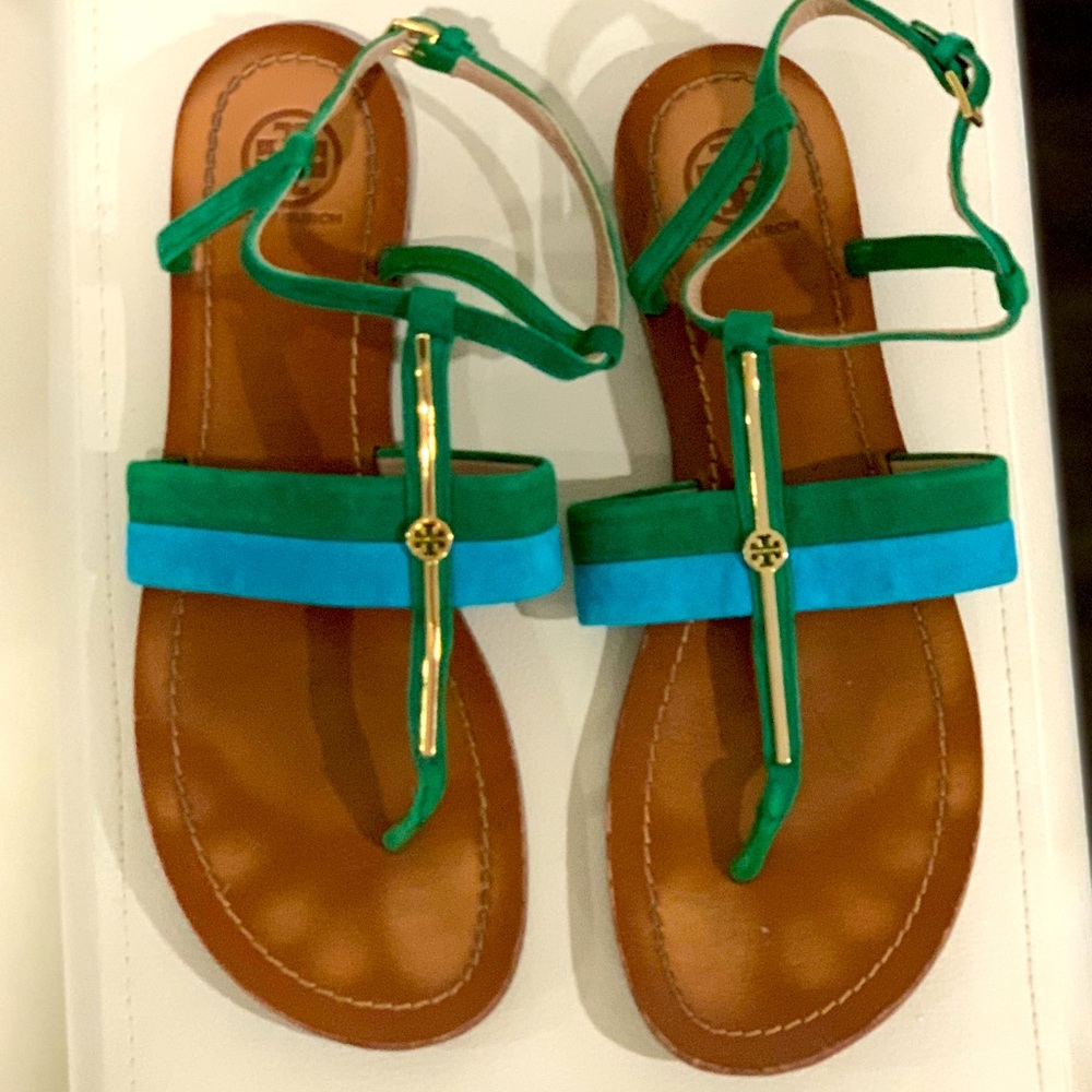 COPY - Tory Burch Summer Green And Blue Flat Sand…